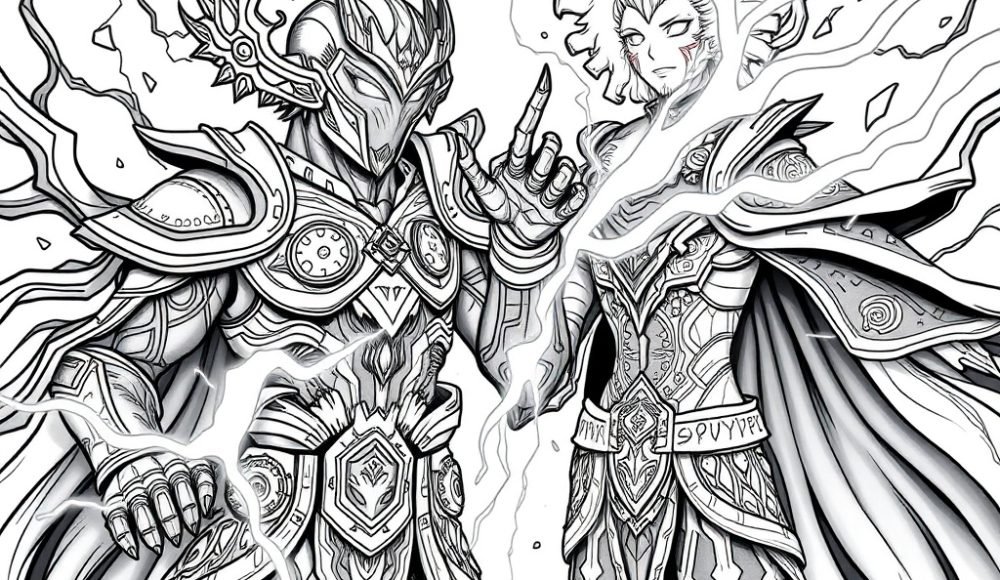 Rendered coloring page: black and white coloring page of SurveySport avatars battle, one is armored in a blend of obsidian and starlight, adorned energy veins. Surrounding it are shadowy tendrils and celestial fragments, adorned with celestial armor that blends futuristic technology and divine symbolism empowerment of Solaris, armor interlaced with lightning veins. Their eyes blaze with electric light, and arcs of lightning dance dynamically around their form. A flowing cloak flickers like a charged storm cloud, and intricate runes across their armor, blended cosmic skyline, clean black and white coloring book line art, no text, no shading, white background, bold outlines, printable interior page,, clean black and white coloring book line art, no text, no shading, white background, bold outlines, printable interior page, clean black and white coloring book line art, no text, no shading, white background, bold outlines, printable interior page, variation 5 of 6