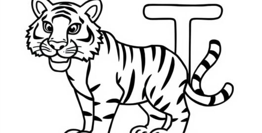Rendered coloring page: large uppercase letter T, Tiger coloring page, bold simple kid friendly line art, white background, traceable letter, printable worksheet, clean black and white coloring book line art, no text, no shading, white background, bold outlines, printable interior page, variation 1 of 1