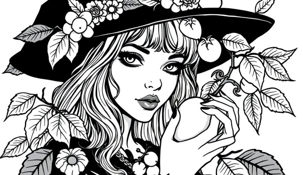 Rendered coloring page: dark feminine witchy coloring page, gothic botanical details, woman with fruits, clean black and white coloring book line art, no text, no shading, white background, bold outlines, printable interior page, variation 1 of 1 bold clean line art, white background, printable adult coloring page, clean black and white coloring book line art, no text, no shading, white background, bold outlines, printable interior page, variation 1 of 2
